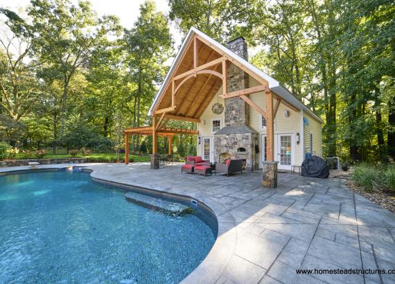 24 x 38 Custom Liberty Pool House with Timber Frame Pavilion & Pergola in CT