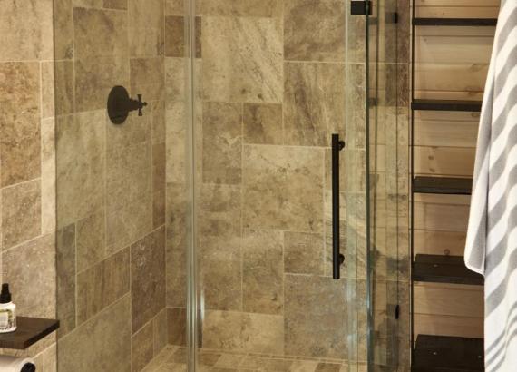 Bathroom of custom A-Frame Avalon Pool House with Pergola in Round Hill VA