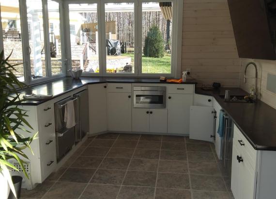 Finished Outdoor/Indoor Kitchen of 30' x 32' Custom Pool House with Origin Bi-Fold Doors 