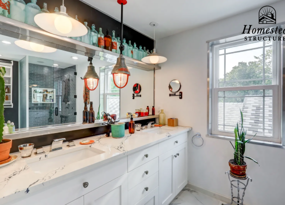 Full bathroom on the second floor of a custom garage, featuring modern fixtures and design