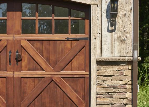 Porch Lights & Stone Facade on a 30' x 48' Classic 4-Car 2-Story Garage with Mushroom Board Siding in Princeton New Jersey