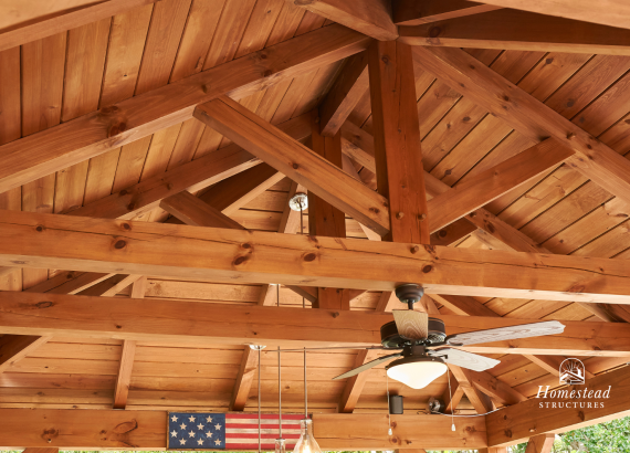 Photo of the ceiling with mortise and tenon joints underneath the 16x20 Timber Frame Pavilion in Royersford, PA