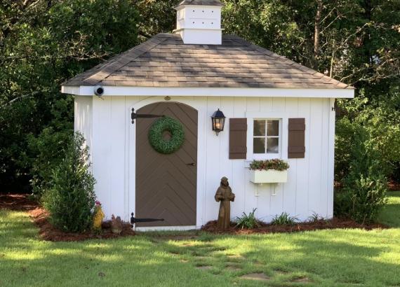 8' x 12' Classic Shed with hip roof, flower box, birdhouse cupola & porch light