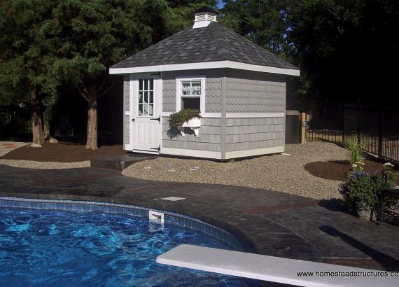 8' x 8' Classic Hip Roof Pool Shed (shakes & scallops)