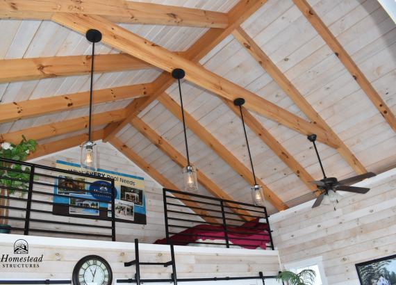 Exposed timberframe ceiling with stained rafters