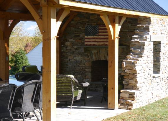 12x20 Timber Frame Pavilion with stone wall