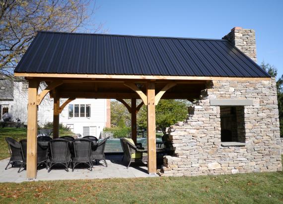12x20 Timber Frame Pavilion with Stone Wall