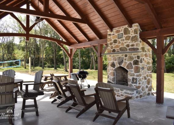 Timber frame pavilion ceiling & fireplace