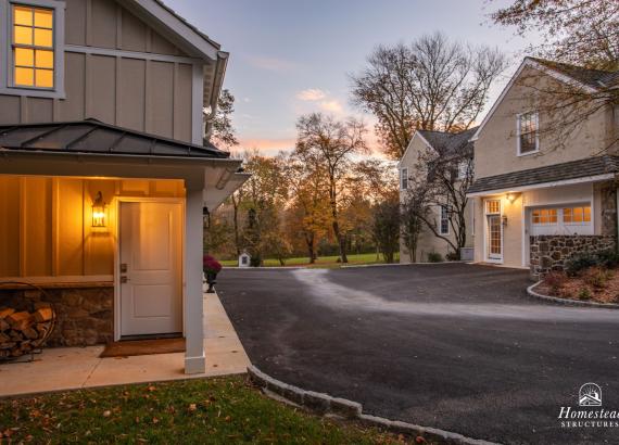 Twilight photo of 21' x 43' 3-Car Garage in Wayne PA with 2nd floor Gym & Living Space