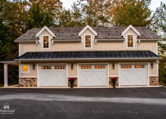 Twilight photo of 21' x 43' 3-Car Garage in Wayne PA with 2nd floor Gym & Living Space