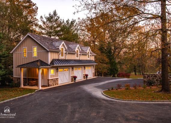 Twilight photo of 21' x 43' 3-Car Garage in Wayne PA with 2nd floor Gym & Living Space