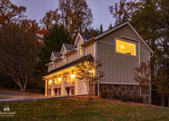 Twilight photo of 21' x 43' 3-Car Garage in Wayne PA with gym and living space