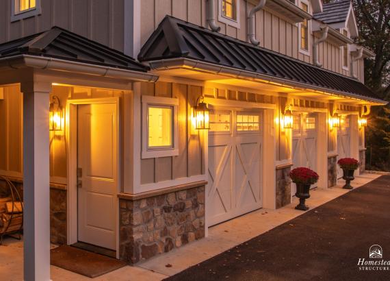 Twilight photo of 21' x 43' 3-Car Garage in Wayne PA with 2nd floor Gym & Living Space