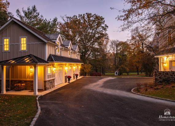 Twilight photo of 21' x 43' 3-Car Garage in Wayne PA with 2nd floor Gym & Living Space