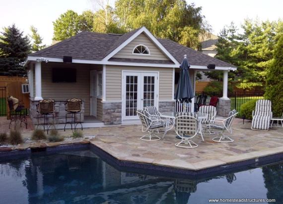 14' x 28' Custom Hip Roof Pool House (Vinyl Siding w/ Stone Veneer)