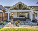 18' x 24' A-Frame Avalon Pool House with open Maple Leaf gable in Homestead Structures Outdoor Showroom