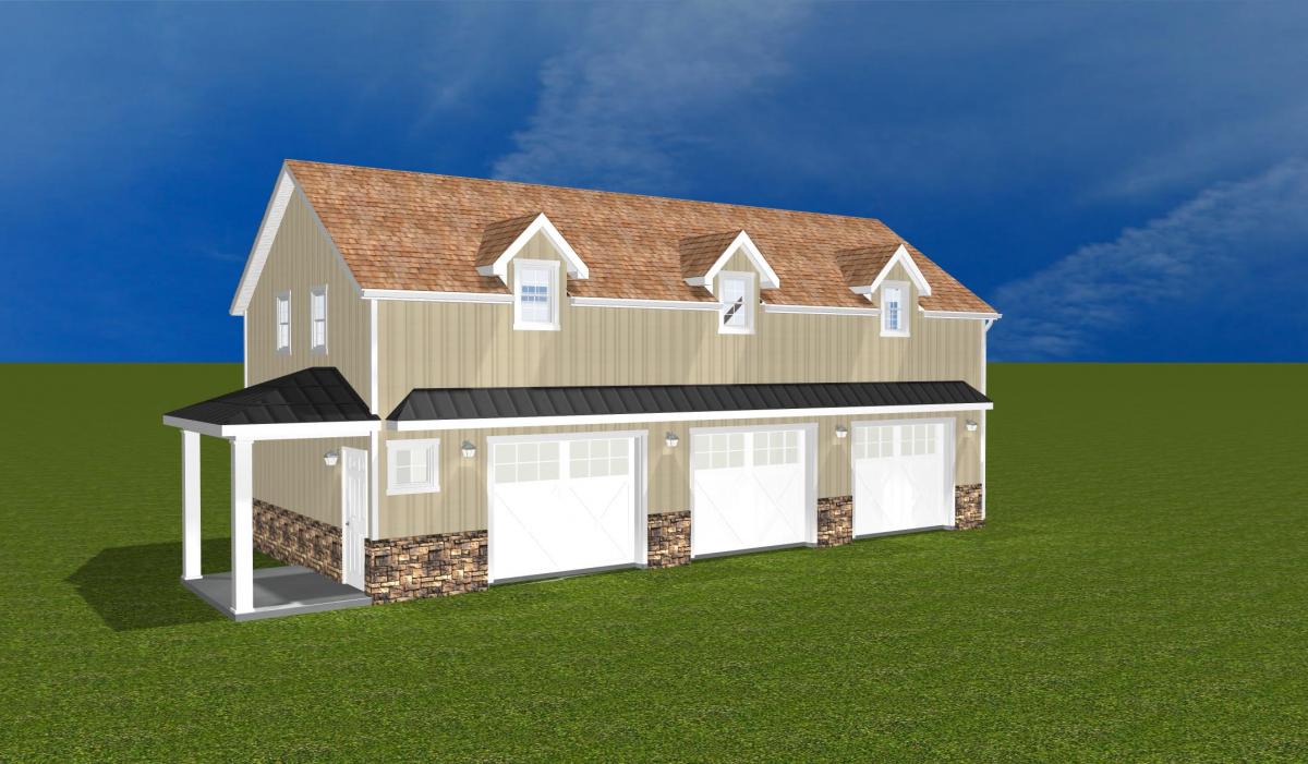 Graphic of a custom 3 car garage with a second story from Homestead Structures